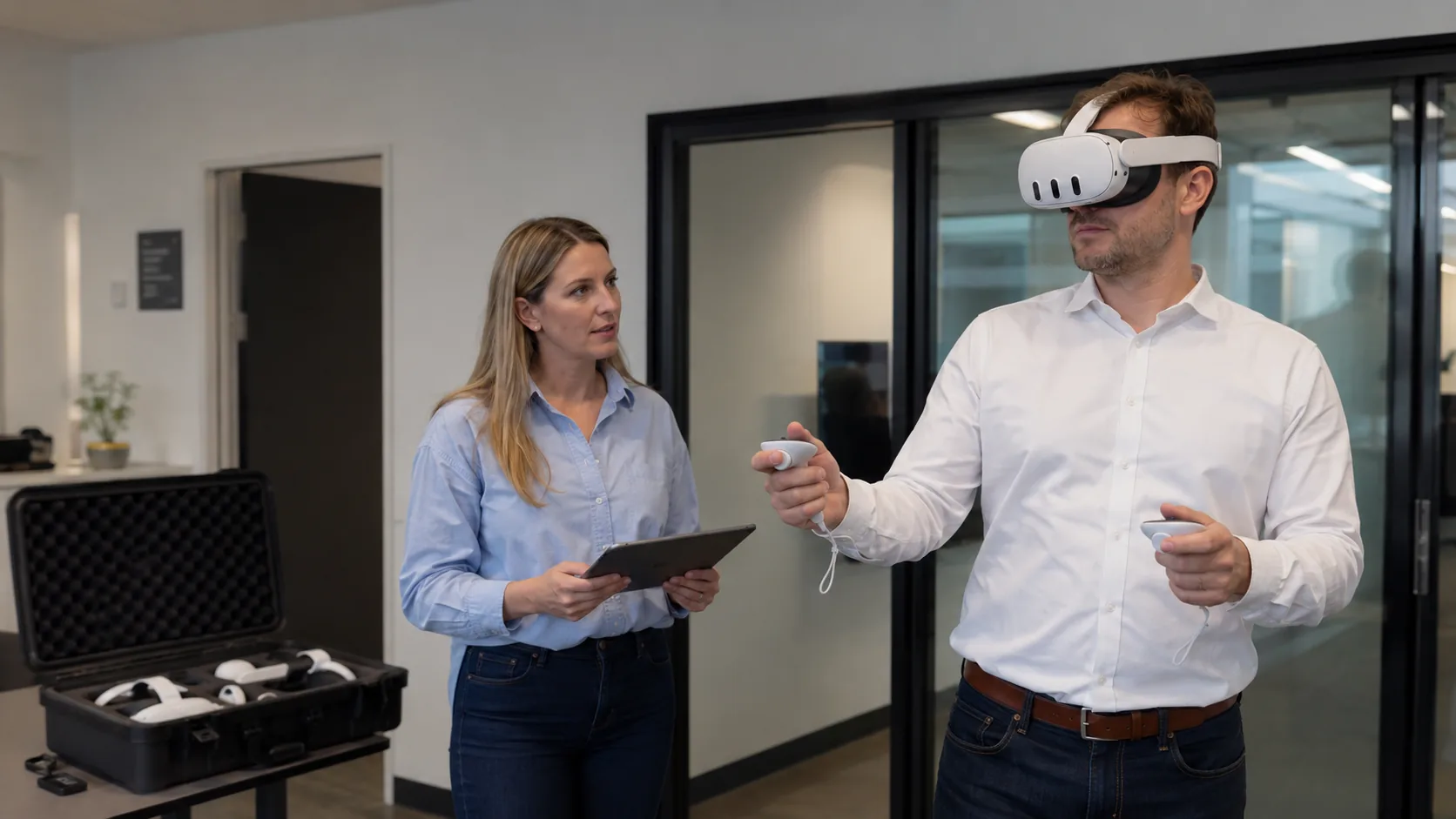 Una formatrice affianca un collaboratore con visore VR