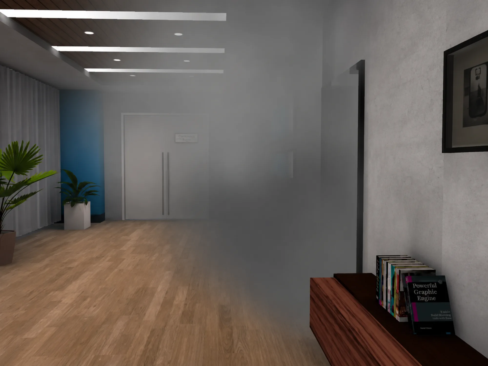Scena VR: il corridoio di un edificio per uffici di notte, durante un addestramento di ronda
