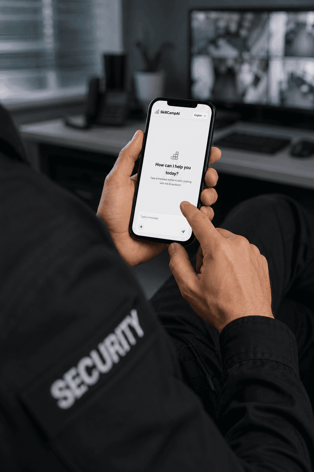 Un lavoratore tiene in mano un telefono con l'Operations Assistant in esecuzione, che chiede “Come posso aiutarti oggi?”