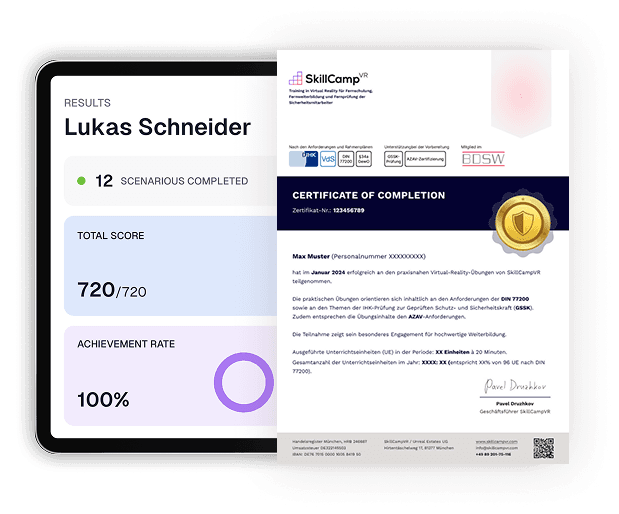 SkillCamp VR certificate and results dashboard