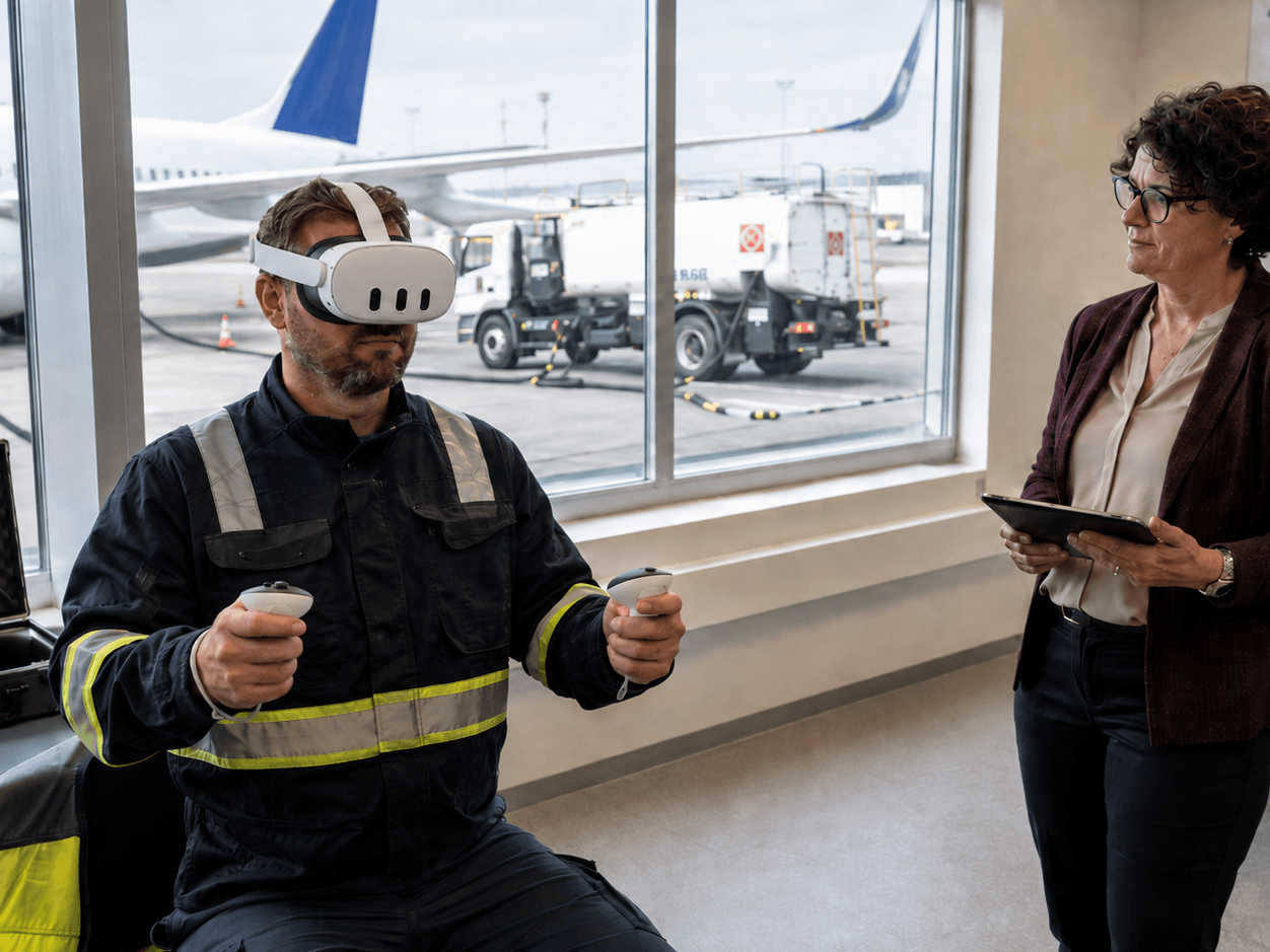 A fueling crew member wearing a VR headset practices with hand controllers in an airport terminal, a colleague with a tablet beside him and a fuel truck visible on the apron through the window