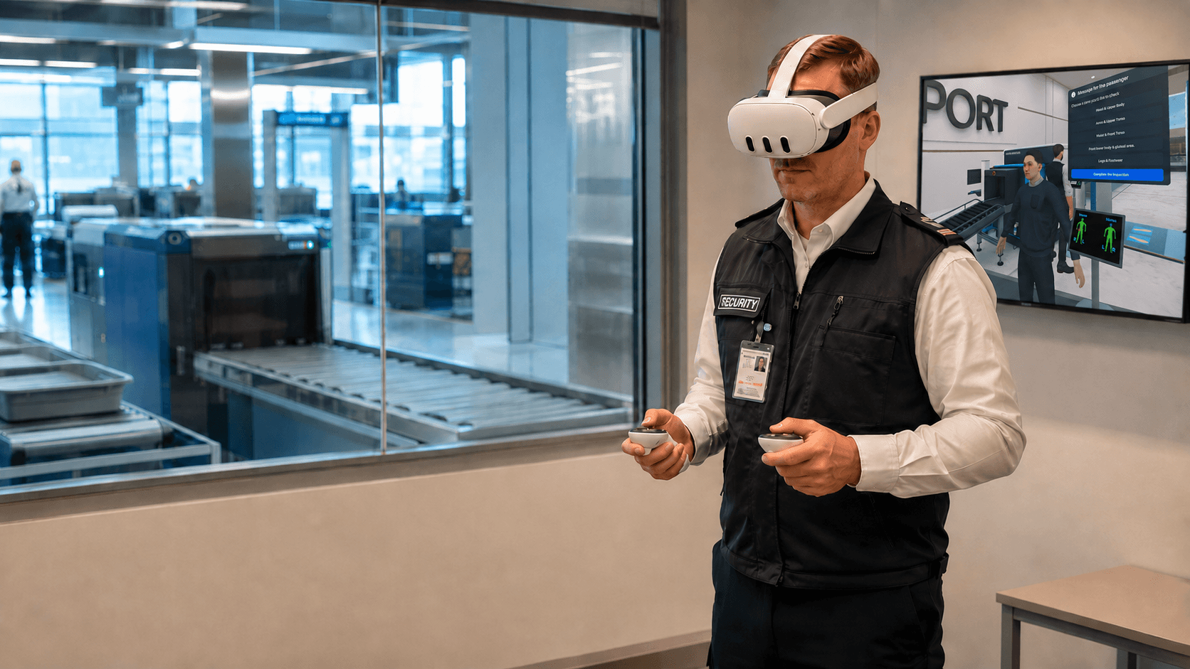 A screening officer in a VR headset working a checkpoint lane, tray and hand baggage on the belt beside him