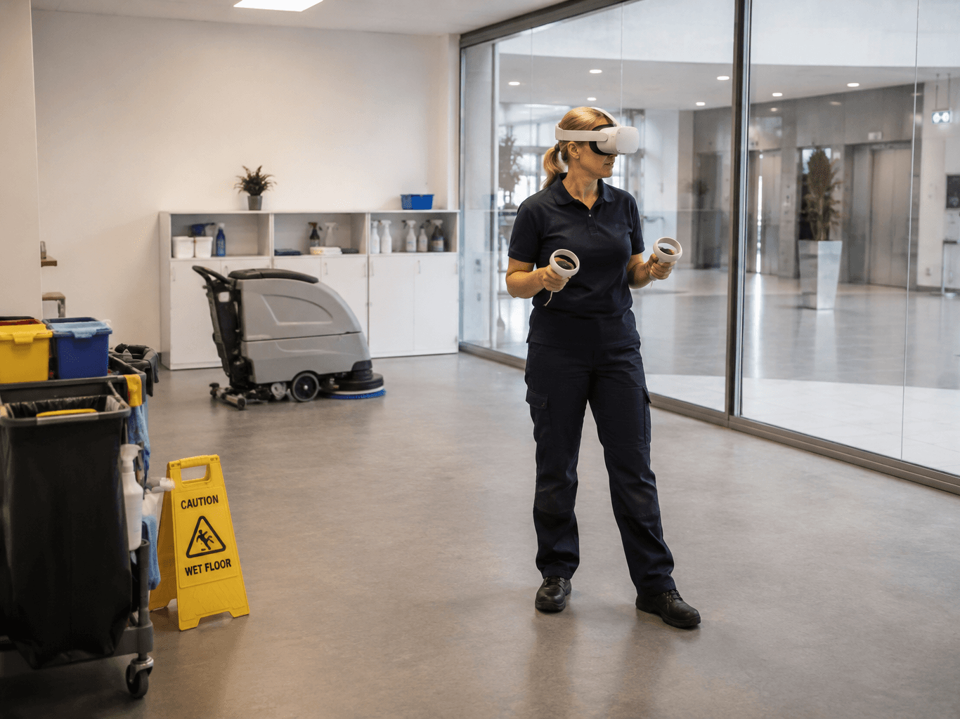 A cleaner wearing a VR headset and holding two controllers stands in a glass-walled office lobby, a scrubber dryer and a wet floor sign beside her
