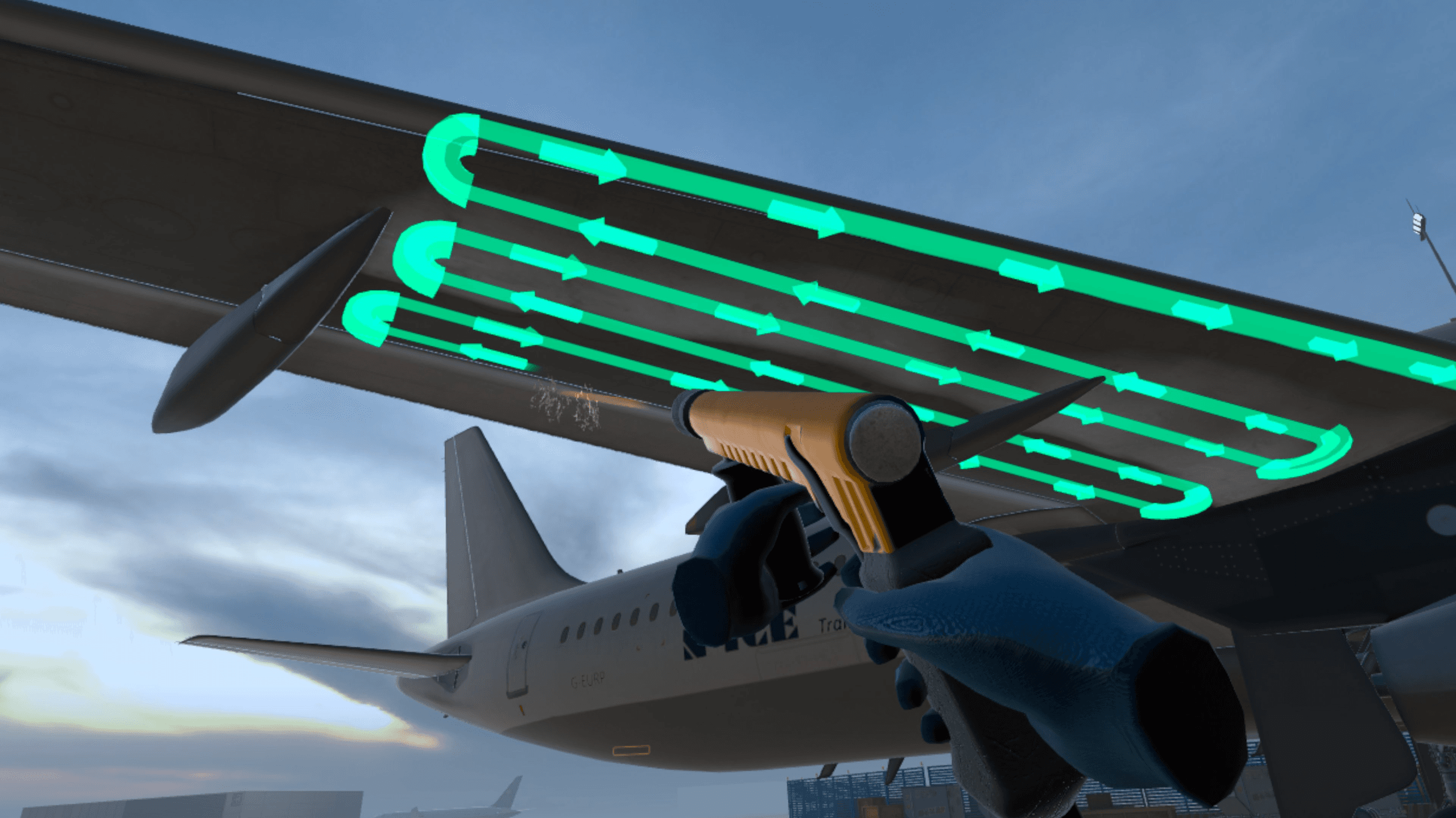 Une main gantée dirige une lance de pulvérisation sous l'aile d'un avion, des flèches vertes traçant le schéma de dégivrage.