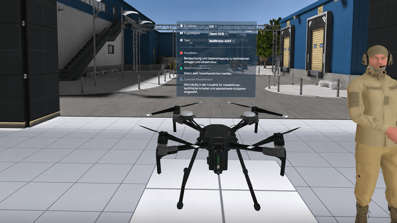 Eine Drohne am Boden auf einem Werksgelände, ein Overlay-Panel zeigt EU-Klasse, Flugkategorie und Typ, eine uniformierte Person steht daneben.
