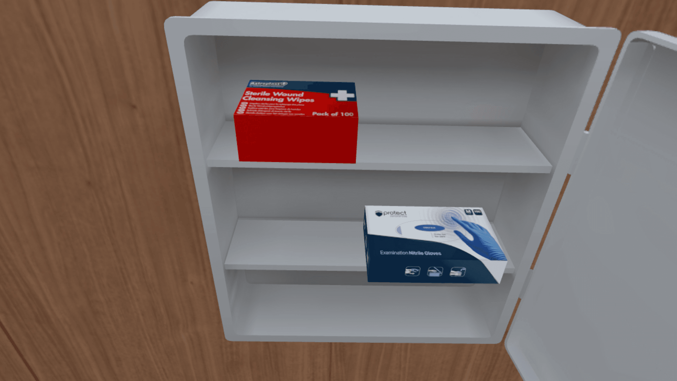 Une étagère d'armoire de stock avec une boîte de lingettes stériles de nettoyage des plaies et une boîte de gants d'examen en nitrile.