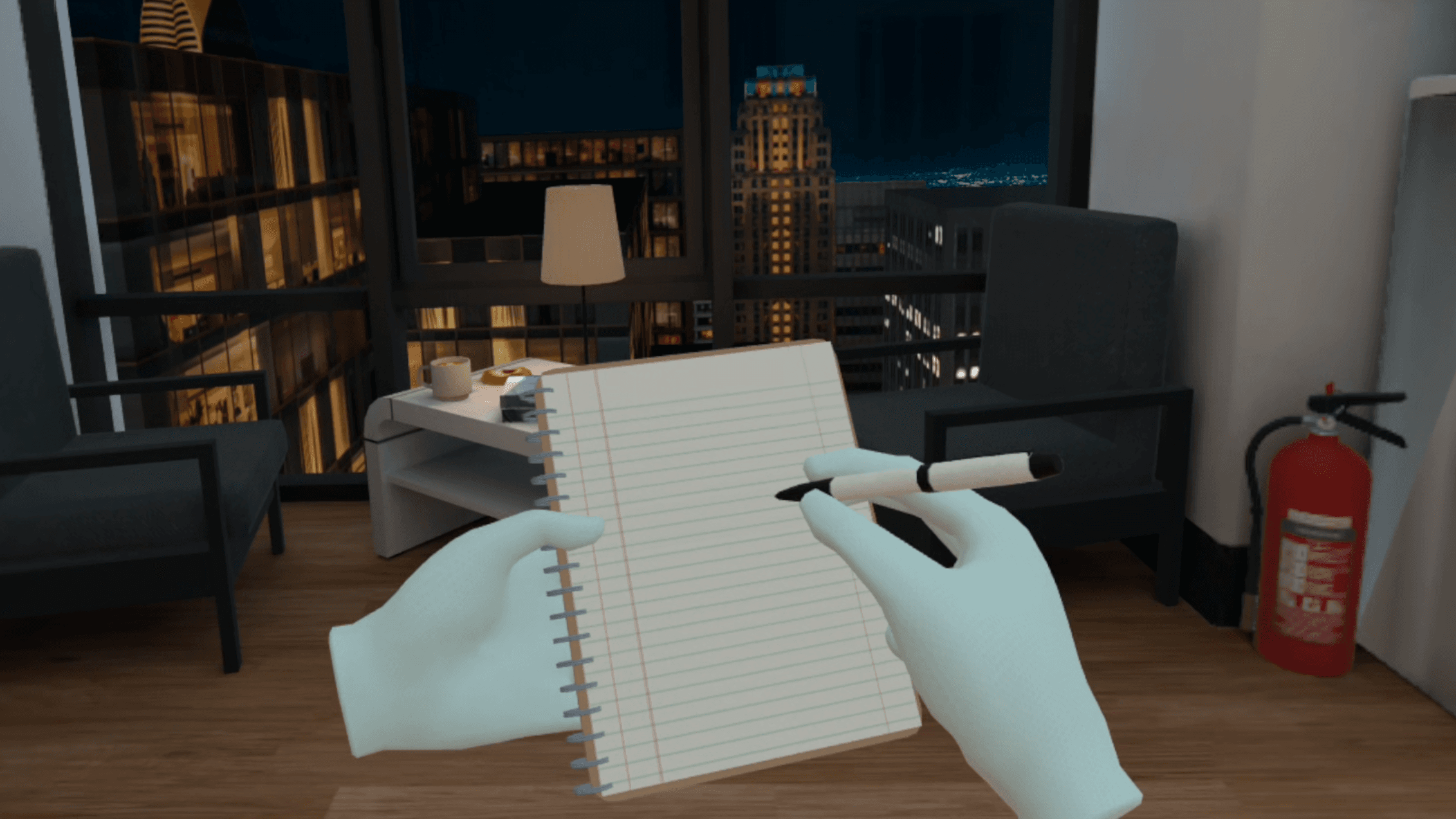 Une paire de mains VR tient un carnet et un stylo, prêtes à écrire, une silhouette urbaine nocturne et un extincteur visibles dans la pièce derrière.