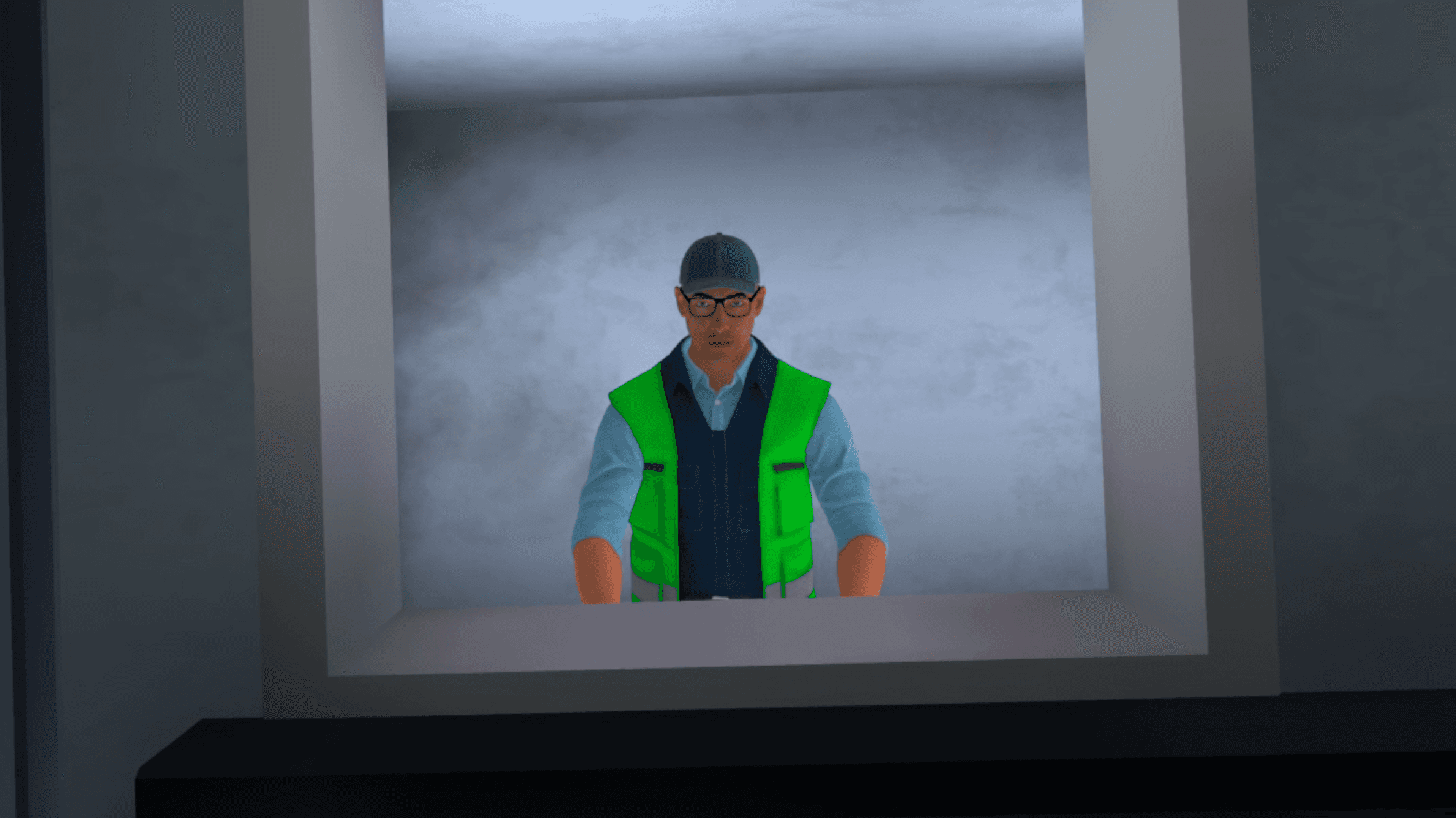 Un homme en gilet haute visibilité se tient derrière un guichet de service, regardant par-dessus le comptoir.