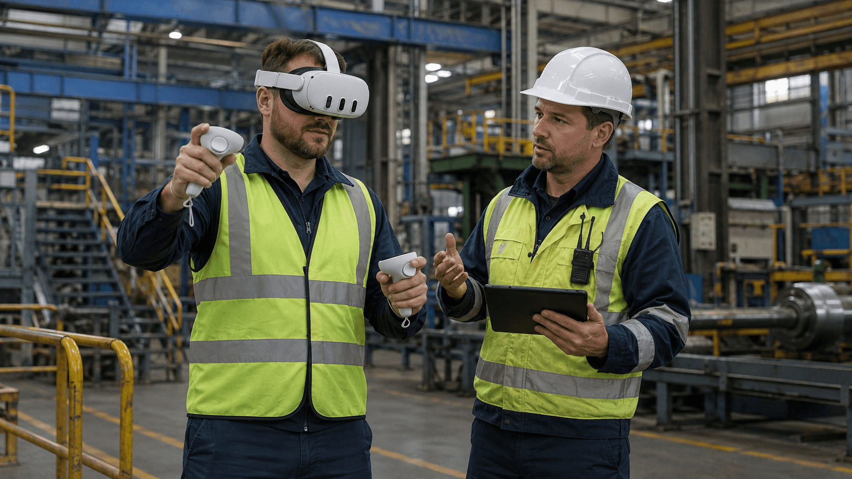 Two plant workers in hi-vis vests and a hard hat, one wearing a VR headset and holding two controllers, on a factory floor