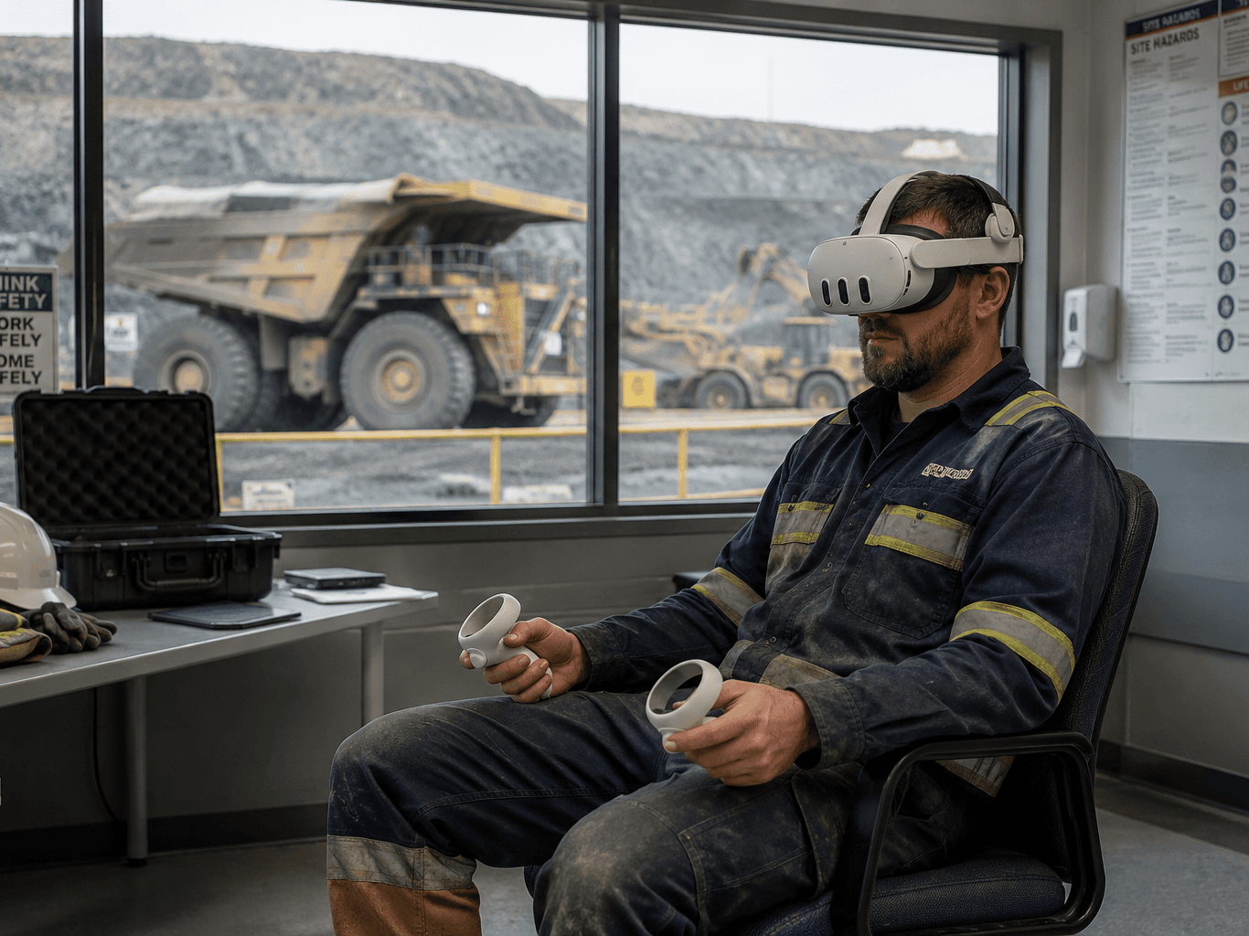 A miner in coveralls wears a VR headset and holds two controllers in an office, a haul truck and open-pit mine visible through the window behind him