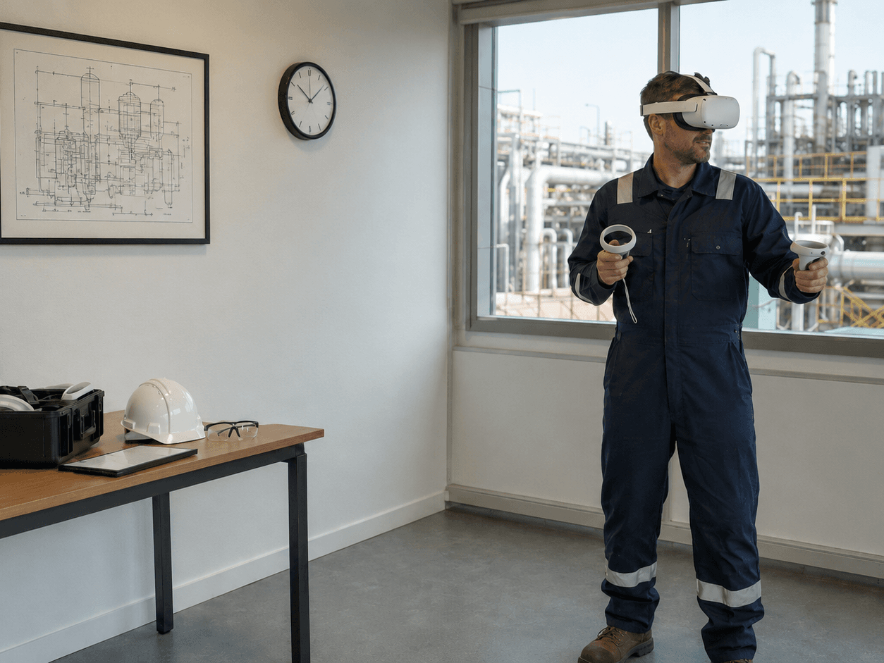 A technician in coveralls wears a VR headset and holds two controllers in a break room, a P&ID diagram and clock on the wall, a hard hat and safety kit on the table, a refinery visible through the window behind him