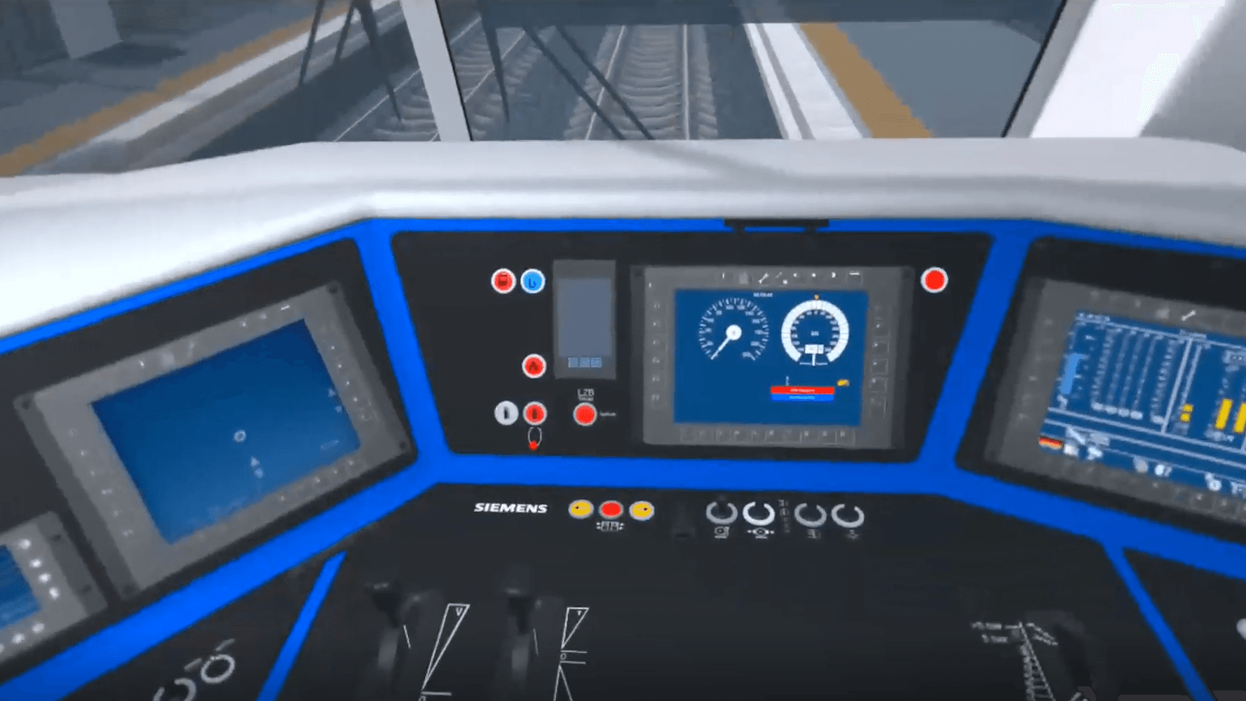 A trainer holds a tablet while a trainee wearing a VR headset stands beside a wall screen showing a locomotive cab view, a real train visible through the depot door behind them.