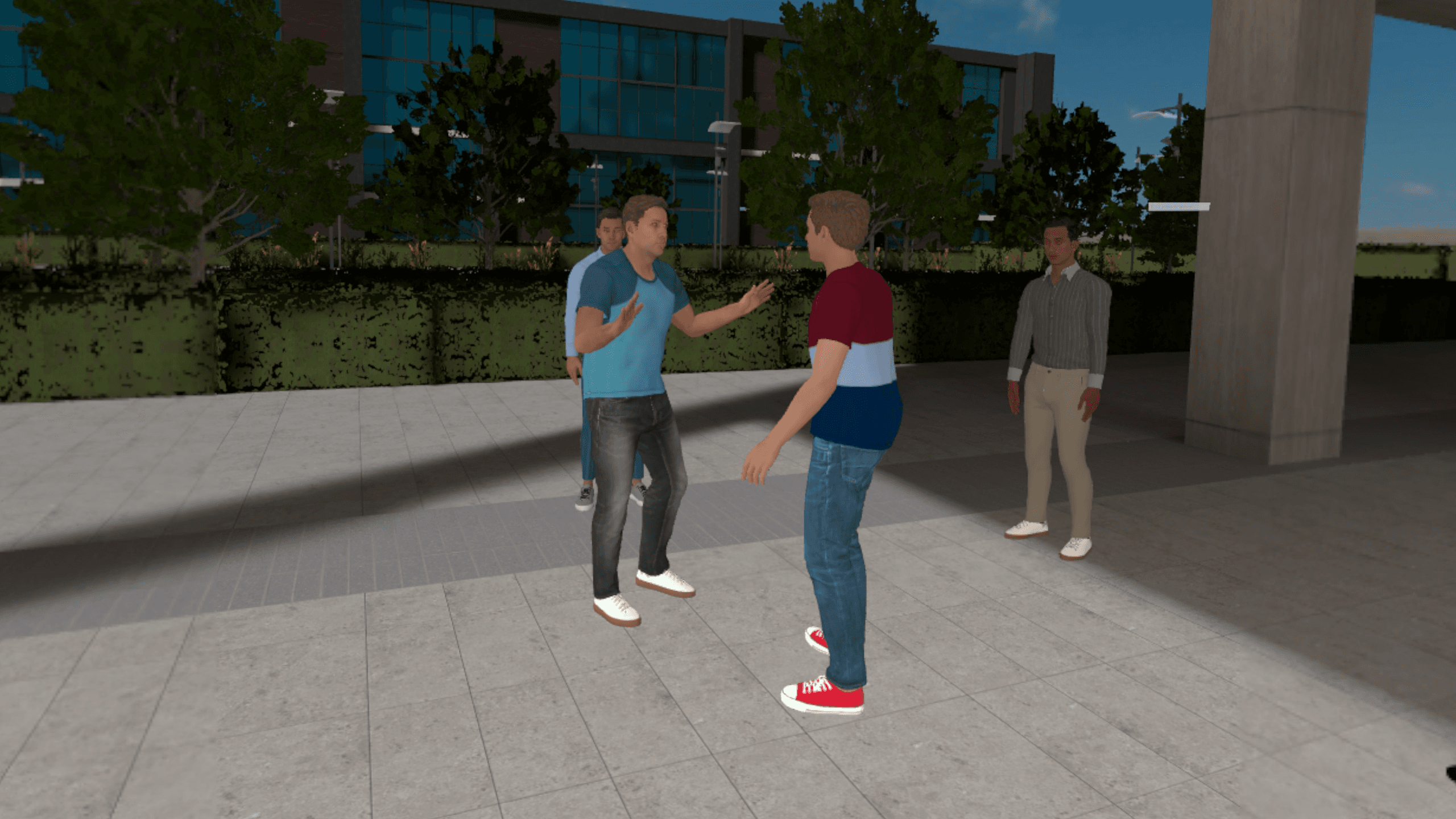 A group of people confront each other on a plaza outside a building, one with a hand raised and a bystander watching nearby.