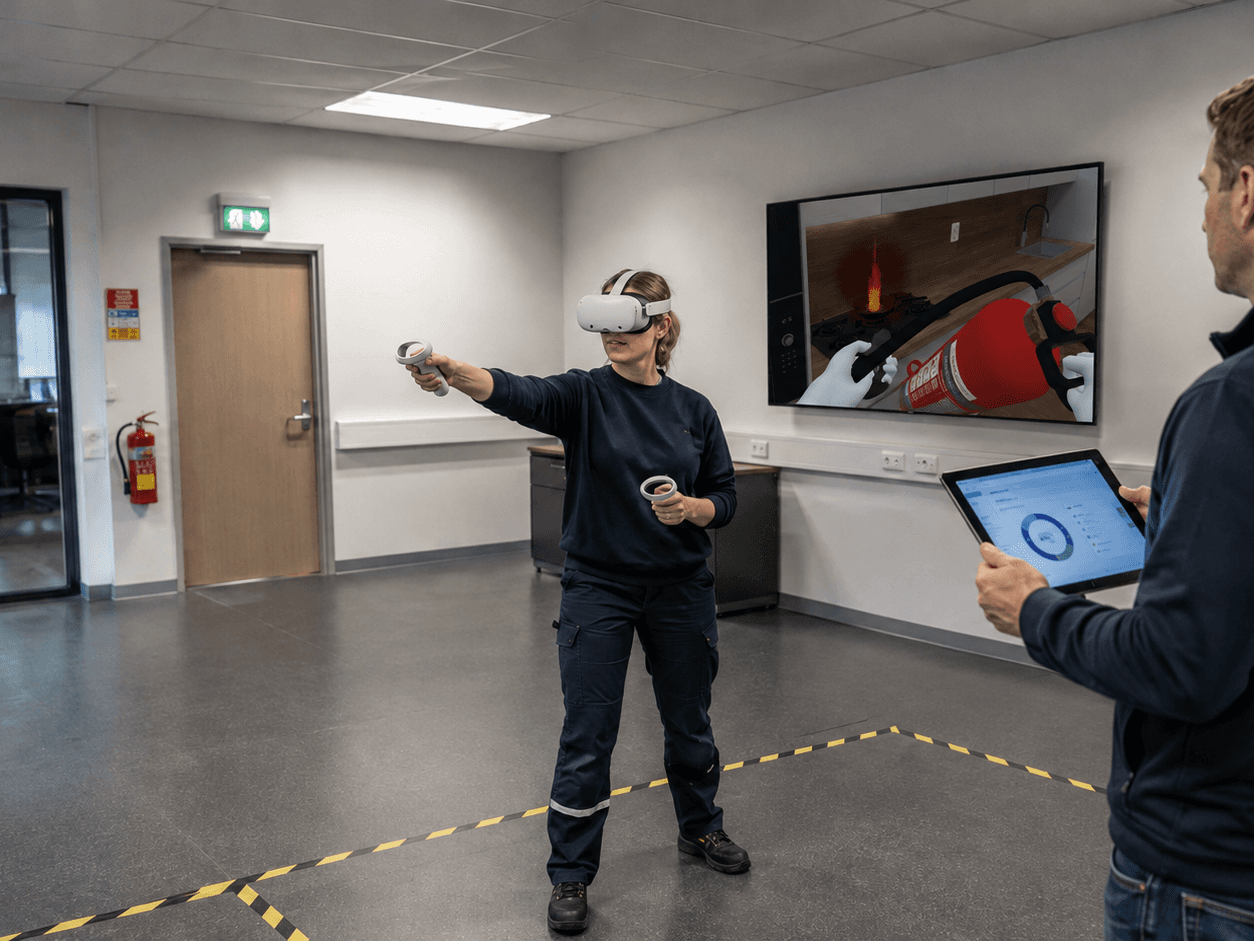 A worker wearing a VR headset points a virtual fire extinguisher at a kitchen fire shown on a wall screen, while a colleague holding a tablet observes