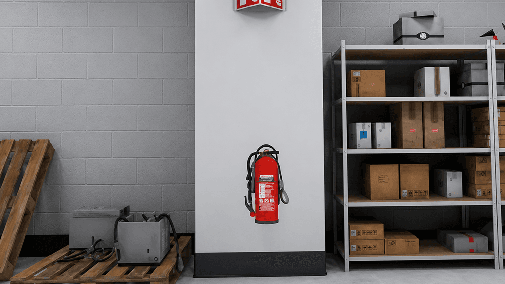 Un extincteur rouge fixé à un mur, à côté de palettes et d'étagères chargées de cartons dans une zone de stockage.